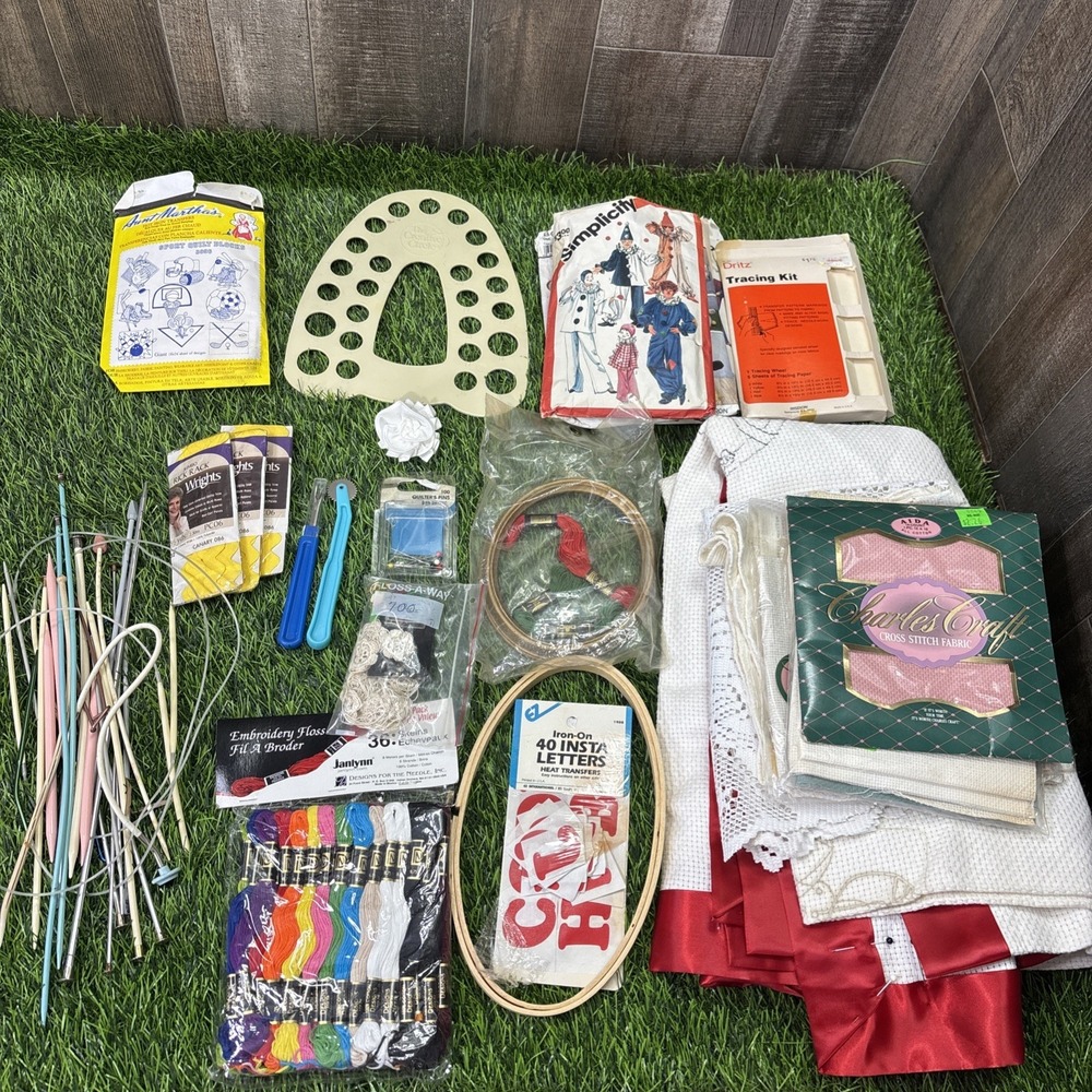 Vintage Needlework Craft Lot Knitting Needles Crochet Embroidery Hoops